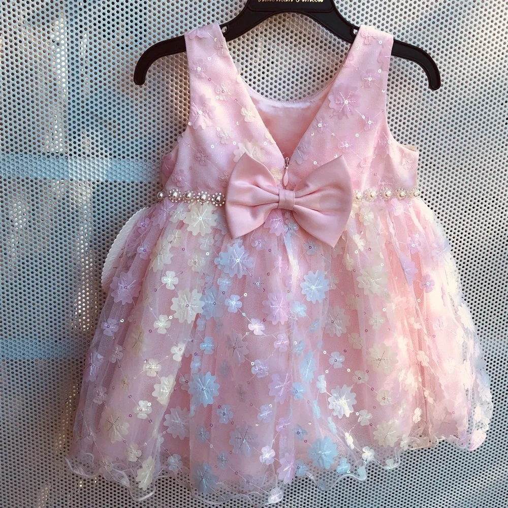 Girls' (Baby Girls) Pastel Pink Floral Pearl Waist Party Dress -Brand New w/Tags